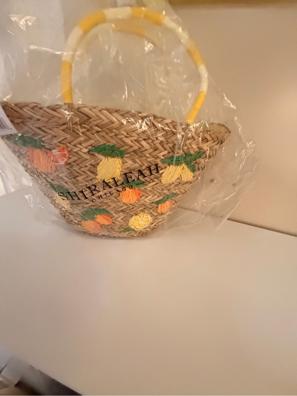 Shiraleah Kids Straw Tote with Yellow Handles and Fruit Embroidery